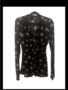 Free People Star Print Black Sheer Button-Front Top